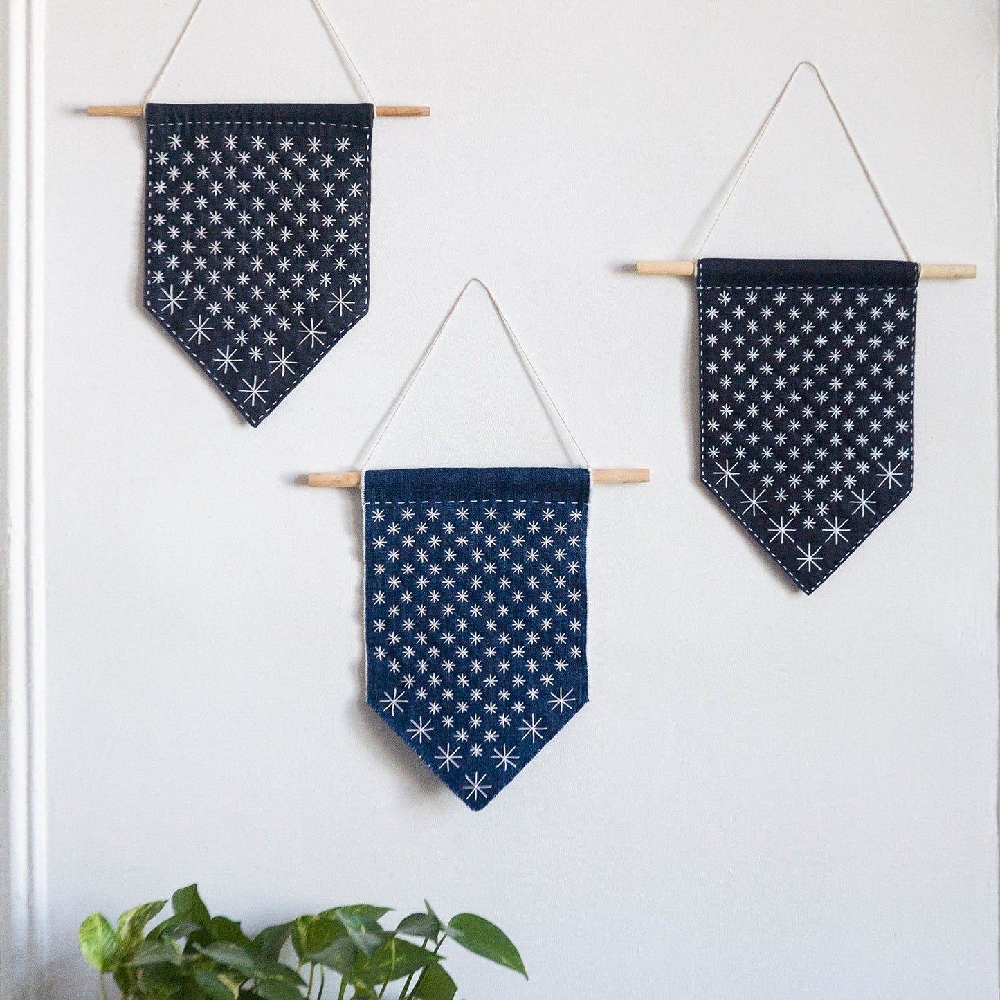 Handstitched Sashiko Banner with a raw edge - Miniature Rhino