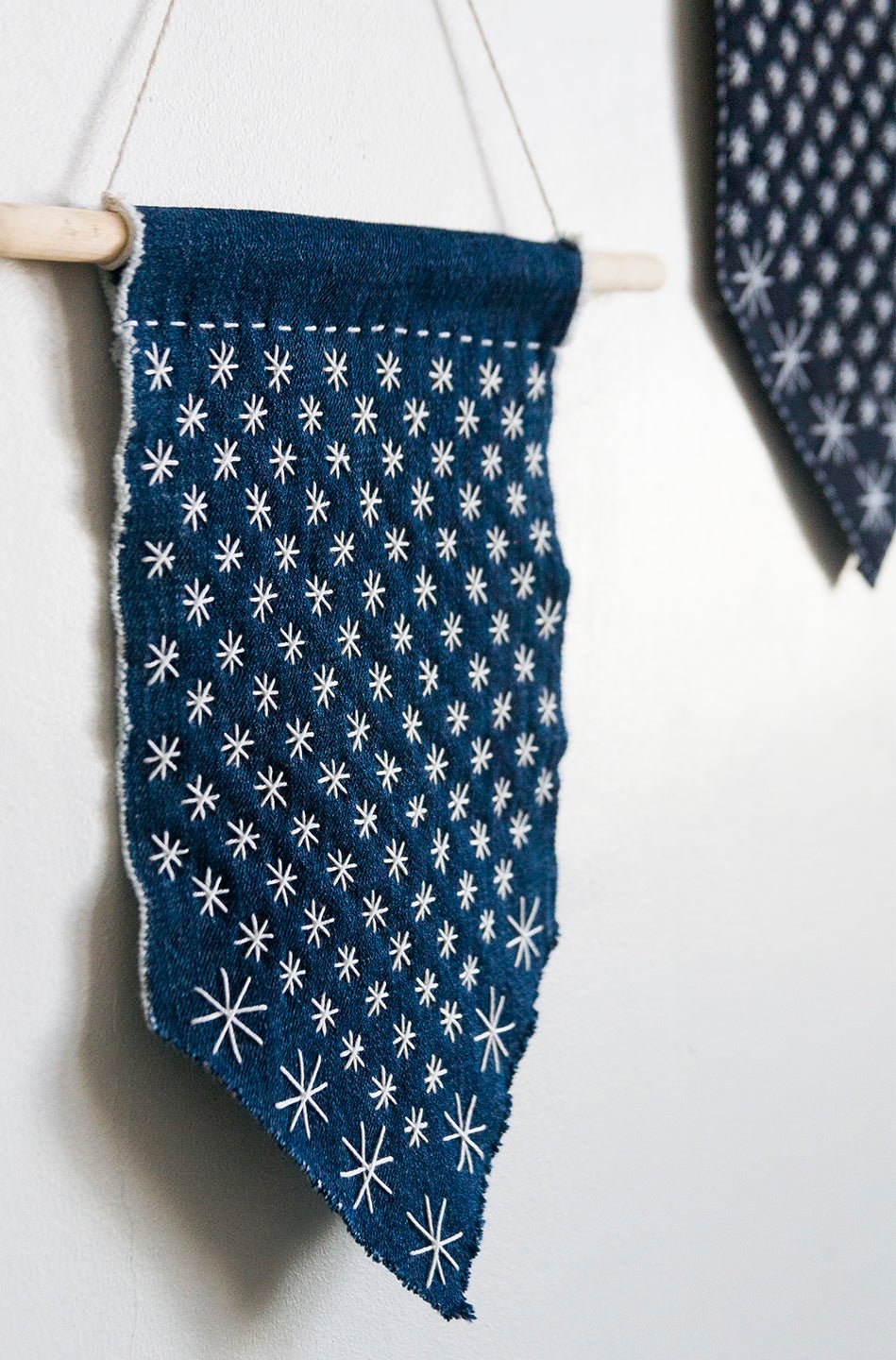 Handstitched Sashiko Banner with a raw edge - Miniature Rhino