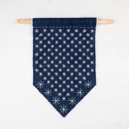 Handstitched Sashiko Banner with a raw edge - Miniature Rhino