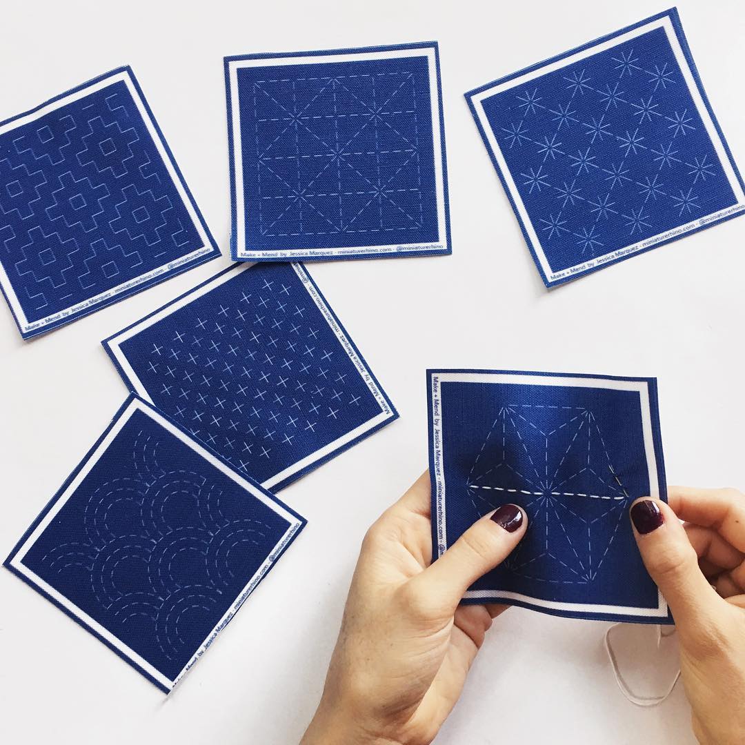 Sashiko Kit - Ivory Coasters | Sashiko Hand Embroidery Kit in Ivory with  Blue and Red Sashiko Thread and Needles